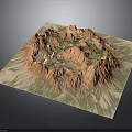 3D Terrain Model Displaying Orange Mountain Ranges And Green Vegetation Features 3d model
