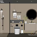 Modern Bathroom Interior Design With Round LED Mirror Shower Area Vanity Storage Cabinets And Plants