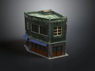 Two Story Brick Building With Green Tile Roof Blue Awning And Wooden Windows 3d model