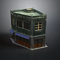 Two Story Brick Building With Green Tile Roof Blue Awning And Wooden Windows