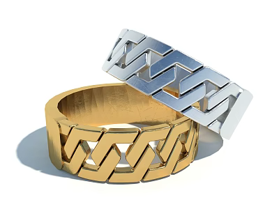 Fashionable Jewelry Rings In Gold And Silver With Interlaced Chain Design 3d model