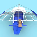 Seagull Perched On Blue And White Boat With Wooden Deck And Netting