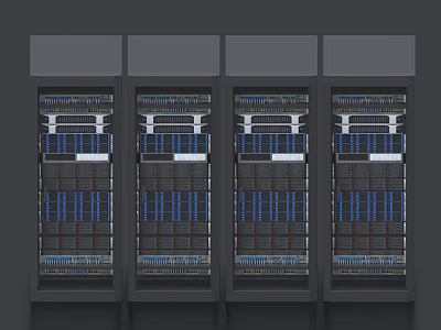Multiple Industrial Server Racks Arranged in a Row with Blue Indicator Lights and Internal Components 3d model