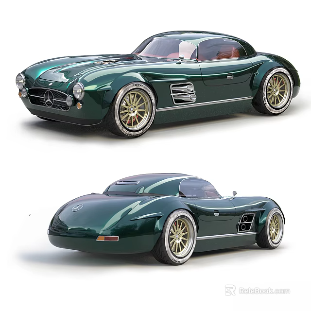 Classic Green Sports Car With Streamlined Body Golden Wheels And Retro Design 3d model 
