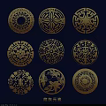 Golden Circular Wall Decor with Various Intricate Patterns on Dark Blue Background 3d model