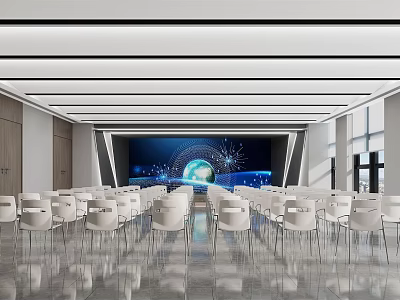 Modern Conference Room With White Chairs Large Digital Screen Blue Tech Visuals And Polished Floor 3d model