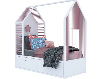 House Shaped White Kids Bed with Roof Design Striped Accents Colorful Pillows Blanket and Drawers 3d model