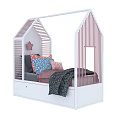 House Shaped White Kids Bed with Roof Design Striped Accents Colorful Pillows Blanket and Drawers