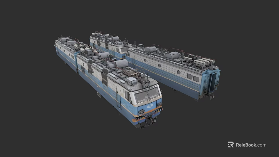 Blue and White Electric Train with Multiple Carriages and Roof Equipment Side View 3d model 