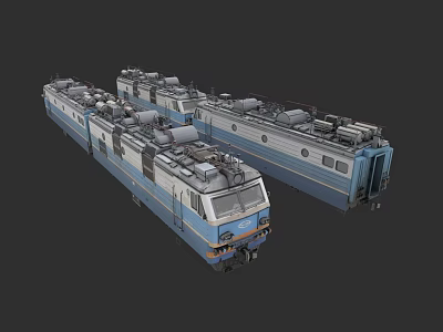 Blue and White Electric Train with Multiple Carriages and Roof Equipment Side View 3d model