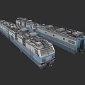 Blue and White Electric Train with Multiple Carriages and Roof Equipment Side View
