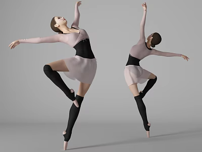 Two Women Ballerinas In Pink Tutus Practicing Graceful Ballet Poses On Pointe Shoes 3d model