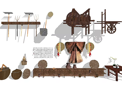Garden Ornaments Featuring Gardening Tools Wheelbarrow Wicker Baskets And Straw Hats 3d model