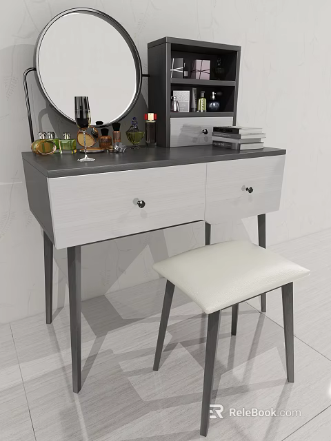 Modern Dressing Table With Gray Top Light Drawers Round Mirror And White Padded Stool 3d model 