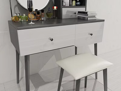 Modern Dressing Table With Gray Top Light Drawers Round Mirror And White Padded Stool 3d model