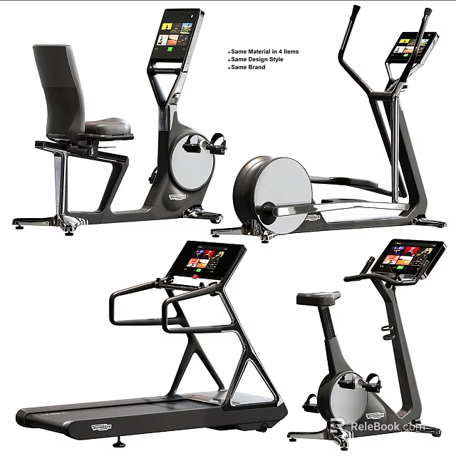 Fitness Equipment Collection Including Exercise Bikes Elliptical Machines With Digital Display Screens 3d model 