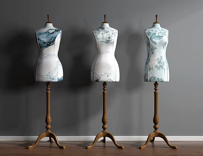 Mannequins with blue and white patterns on wooden bases against gray walls and wooden floors 3d model