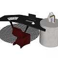 Black Desk With Laptop Papers Mouse Red Chair Striped Rug Round Pedestal White Sculpture