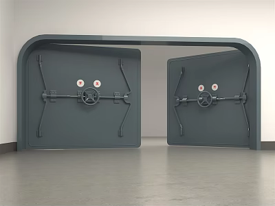Dark Gray Metal Security Doors With Locks Handles Partially Open In White Wall Gray Floor 3d model