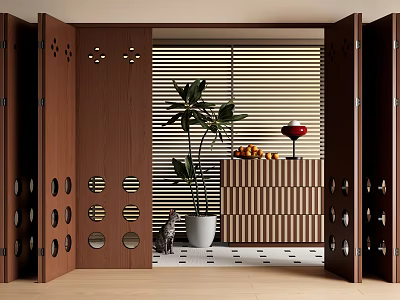 Wooden Folding Doors in Modern Interior Design with Louvered Blinds Potted Plant and Cat 3d model