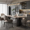Modern Kitchen Dining Interior with Marble Table Light Gray Chairs Gray Cabinets Chandelier and Plant