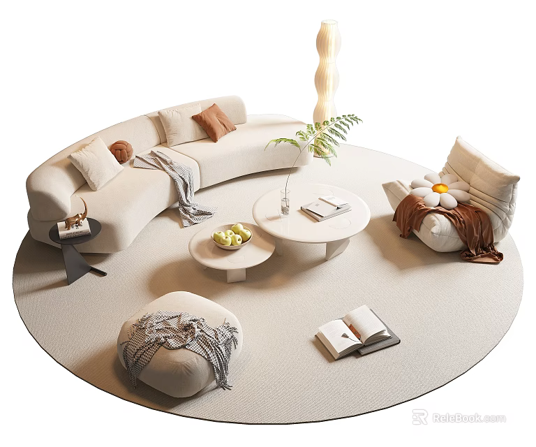 Elegant Curved Beige Sofa and Round Coffee Table Set with Decorative Pillows Throw Blanket and Green Plant 3d model 