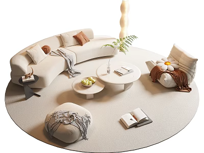 Elegant Curved Beige Sofa and Round Coffee Table Set with Decorative Pillows Throw Blanket and Green Plant 3d model