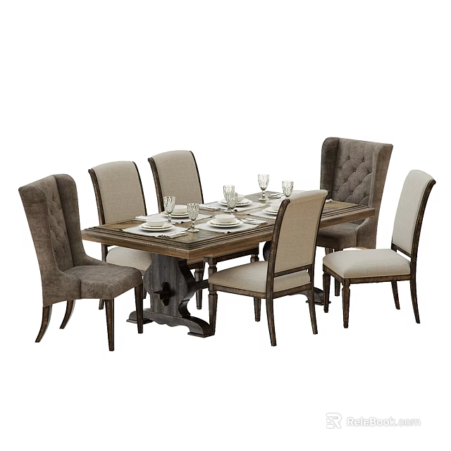 Modern Dining Table With Upholstered Chairs Set For Dining Room Design 3d model 