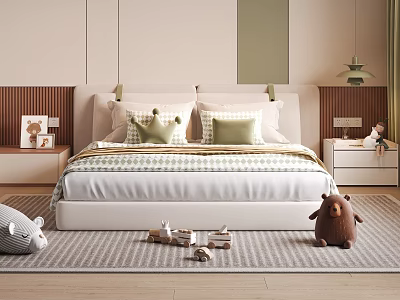 Cozy Children's Bed With Green Pillows And Checked Bedding On Striped Rug With Stuffed Bear 3d model