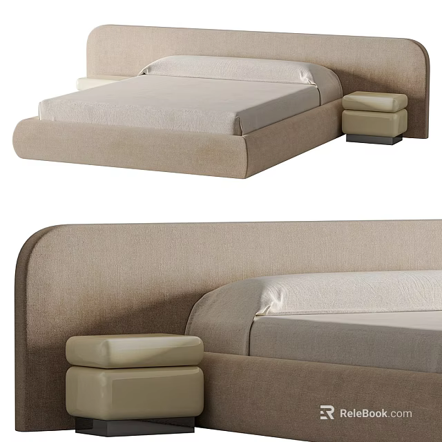 Light Beige Soft Upholstered Double Bed Set With Wide Headboard And Matching Nightstands For Bedroom 3d model 