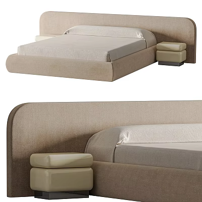 Light Beige Soft Upholstered Double Bed Set With Wide Headboard And Matching Nightstands For Bedroom 3d model