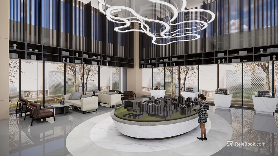 Modern Luxury Sales Office Lobby Featuring Large Chandelier Sand Table Model Sofas Windows Tree View 3d model