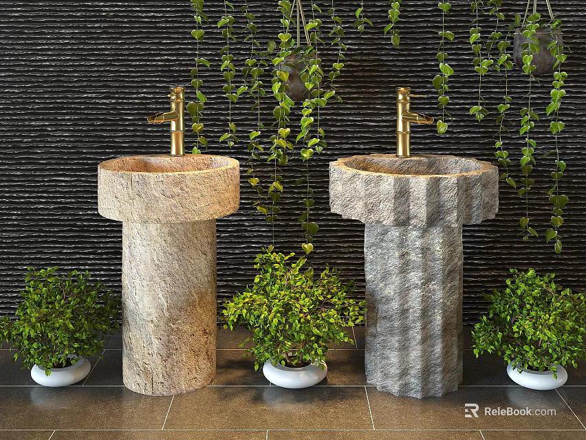 Natural Stone Washbasins With Green Plants And Dark Wall Background 3d model 