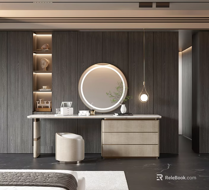 Modern Dressing Table with Round Lit Mirror Drawers Stool and Wooden Wall Shelves 3d model 