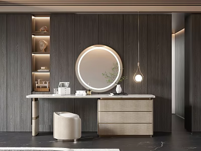 Modern Dressing Table with Round Lit Mirror Drawers Stool and Wooden Wall Shelves 3d model