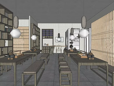 Traditional Tea House Interior With Wooden Tables Benches Bookshelves And Hanging Lanterns 3d model