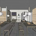 Traditional Tea House Interior With Wooden Tables Benches Bookshelves And Hanging Lanterns