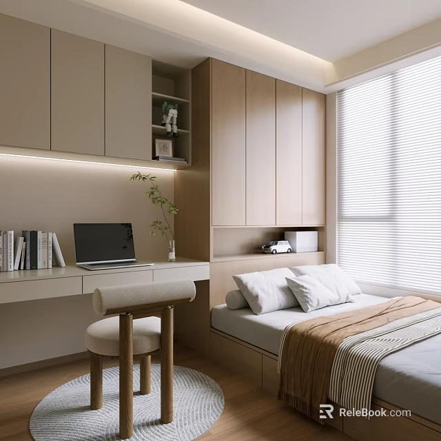Modern Tatami Bedroom Interior With Desk Laptop Books And Wooden Storage Cabinets 3d model 