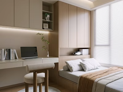 Modern Tatami Bedroom Interior With Desk Laptop Books And Wooden Storage Cabinets 3d model
