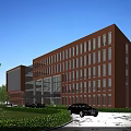 Modern Red Brick School Building With Many Windows And Greenery Around Lawn And Trees