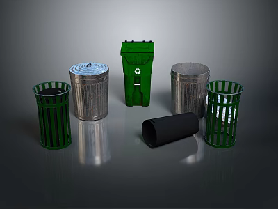 Household Trash Cans Collection With Green Silver Black Lidded And Mesh Designs 3d model