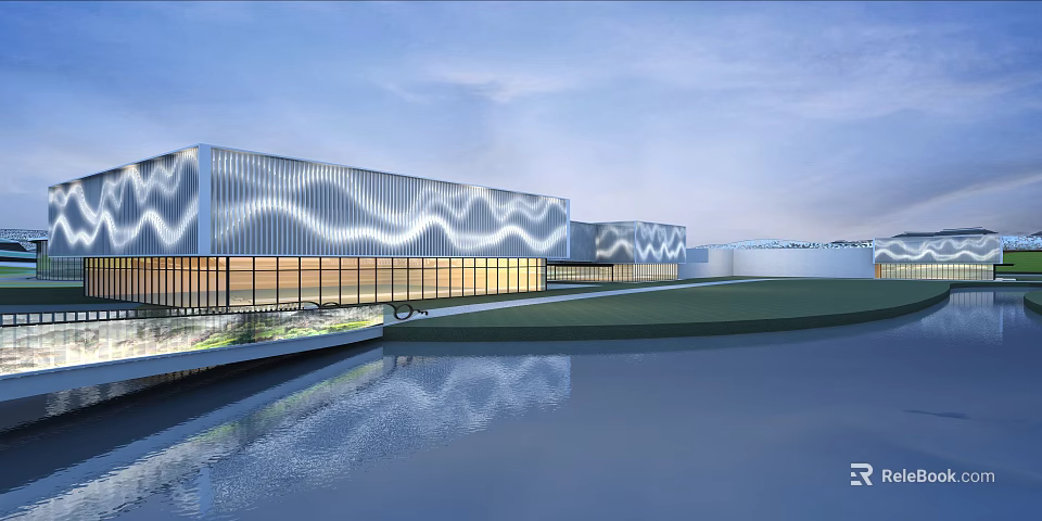 Modern Architectural Building With Wavy Metallic Facade Glass Windows And Water Reflection 3d model 