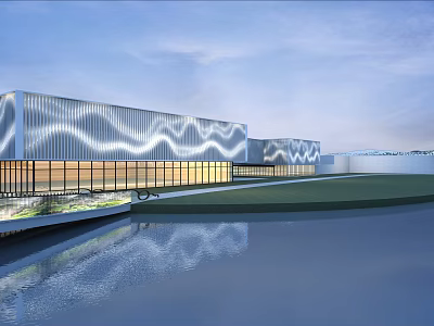 Modern Architectural Building With Wavy Metallic Facade Glass Windows And Water Reflection 3d model