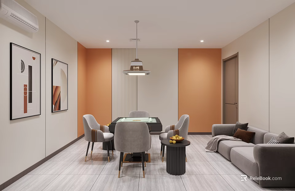 Modern Leisure Room Interior With Dining Table Sofa And Artworks 3d model 