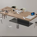 Wooden Office Desk With Laptop Office Supplies And Four Chairs Setup