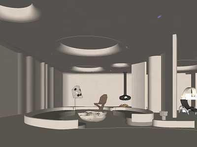 Modern Office Interior With Circular Ceiling Lights Columns And Curved Desk 3d model
