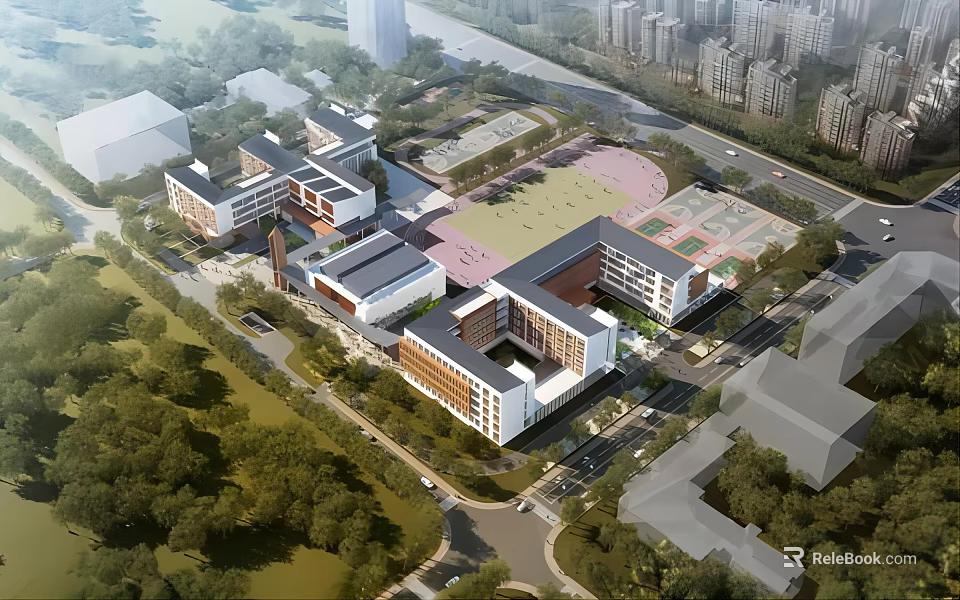 Modern School Building Complex With Classroom Wings Sports Ground And Green Surroundings 3d model 