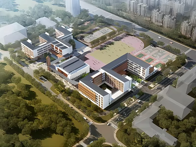 Modern School Building Complex With Classroom Wings Sports Ground And Green Surroundings 3d model