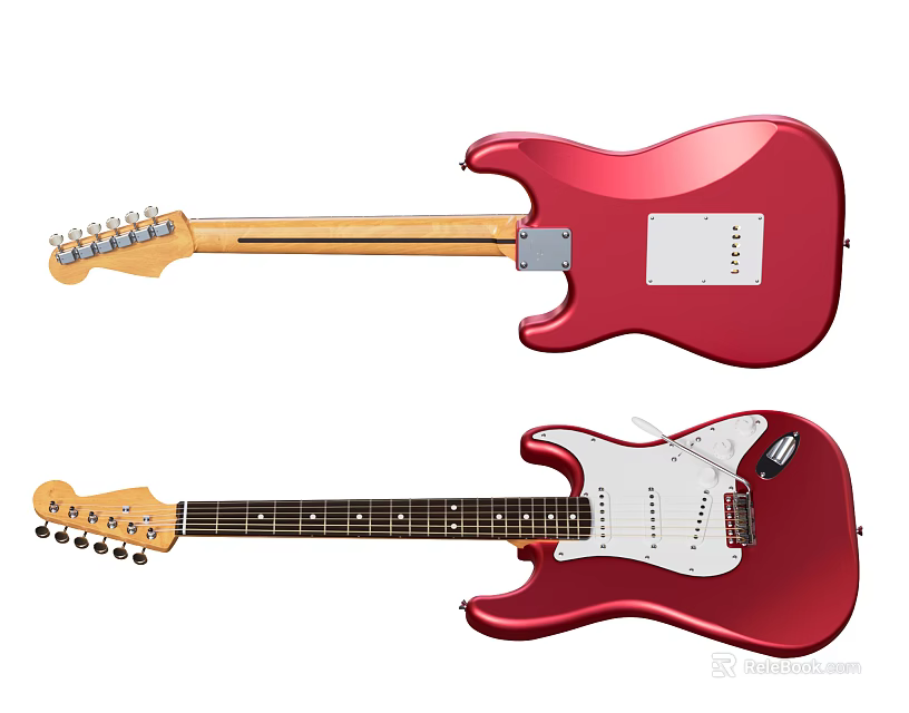 Red Electric Guitar Instrument Front And Back View With Shiny Finish And Wooden Neck Design 3d model 