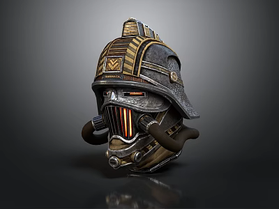Futuristic Combat Helmet Design With Metal Frame Gold Accents And Breathing Tubes 3d model